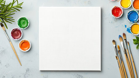 A blank canvas surrounded by vibrant paints and brushes, inviting creativity and artistic expression.の素材