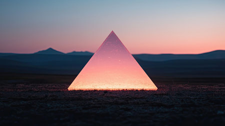 A glowing pyramid stands majestically against a serene twilight landscape, surrounded by mountains and a peaceful ambiance.の素材