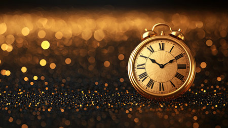 A vintage gold alarm clock stands against a shimmering golden background, symbolizing time and elegance.の素材