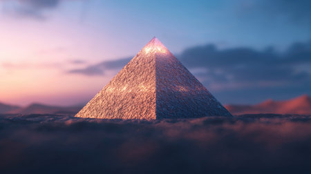 A mystical pyramid rises above the clouds at sunset, illuminated by soft light, evoking a sense of wonder and ancient mystery.の素材