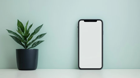 A sleek smartphone stands against a light green wall next to a potted plant, creating a modern and minimalist aesthetic.の素材
