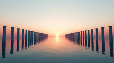 A serene sunrise over calm waters, with tall pillars extending into the distance, creating a peaceful and reflective atmosphere.の素材