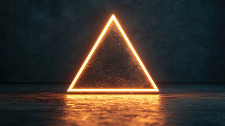 A glowing triangle stands prominently in a dark setting, casting reflections on the surface, creating a modern and artistic ambiance.の素材
