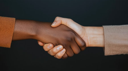 A close-up of two hands engaged in a handshake, symbolizing agreement, unity, and collaboration across diverse backgrounds.の素材