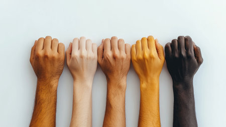 A diverse lineup of hands in various skin tones, symbolizing unity, equality, and diversity.の素材