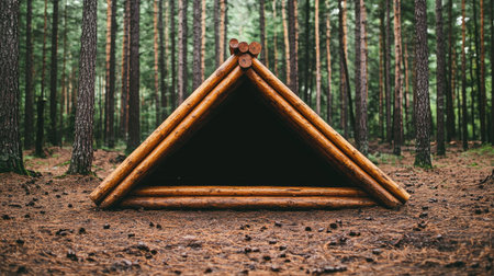A rustic shelter made of logs stands in a serene forest, surrounded by tall trees and a carpet of pine needles.の素材