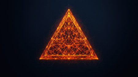 A glowing orange triangular shape with intricate geometric patterns against a dark background, representing technology and design.の素材