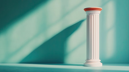 A white classical column stands alone against a vibrant turquoise wall, casting soft shadows that highlight its elegant design.の素材