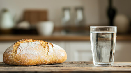 A rustic setting featuring a loaf of bread beside a glass of water on a wooden table, evoking a sense of comfort and simplicity.の素材