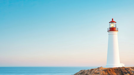 A serene lighthouse stands on a rocky shore, illuminating the coastline against a clear blue sky and tranquil ocean.の素材
