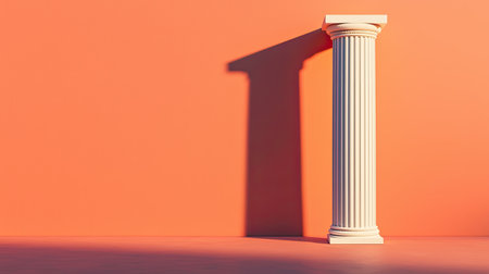 A white classical column casts a shadow against an orange wall, creating a striking contrast of colors and textures.の素材