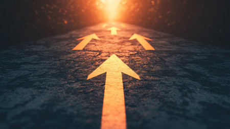 A serene pathway illuminated by sunlight, featuring arrows that provide direction, symbolizing guidance and choices ahead.の素材