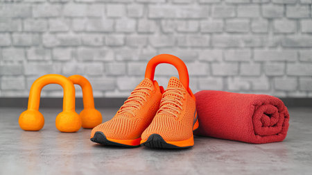 A vibrant workout setup featuring orange sneakers, dumbbells, and a red towel against a textured wall, perfect for fitness enthusiasts.の素材
