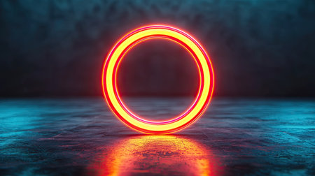 A glowing red circular neon light stands on a reflective surface, creating a striking visual contrast against a dark, textured background.の素材
