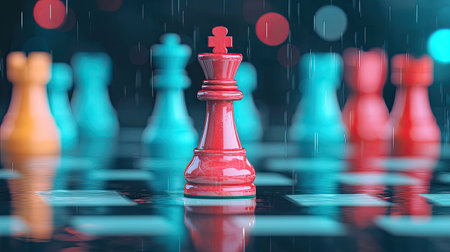 A vibrant chess scene featuring a red king amidst colorful pieces, set against a blurred, rainy backdrop, creating a striking contrast.の素材