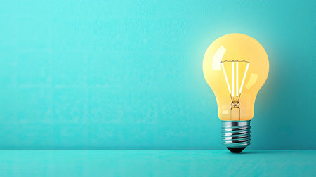 A glowing yellow light bulb on a teal background, symbolizing ideas, creativity, and innovation.の素材