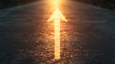 A glowing arrow points forward along a dark path, symbolizing direction, growth, and new beginnings.の素材