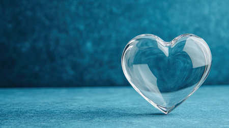A transparent heart-shaped object rests on a textured blue surface, symbolizing love and clarity.の素材