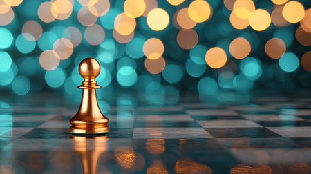 A golden chess pawn stands prominently on a chessboard, with a blurred, colorful bokeh background enhancing its significance.の素材