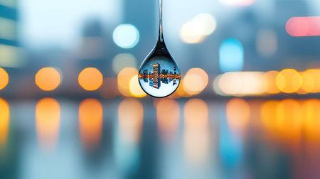 A close-up of a water droplet reflecting vibrant city lights, creating a stunning bokeh effect in the background.の素材