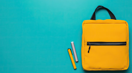 A bright yellow backpack rests against a teal background, accompanied by colorful markers, creating a vibrant and playful visual.の素材