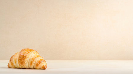 A warm, golden croissant rests on a neutral background, showcasing its flaky texture and inviting appearance.の素材
