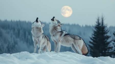 Two wolves howl at a glowing full moon, surrounded by a snowy landscape and evergreen trees, creating a serene winter evening scene.の素材