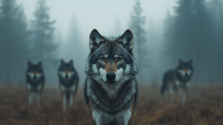 A group of wolves stands in a misty forest, with one wolf prominently in the foreground, creating a mysterious and captivating atmosphere.の素材