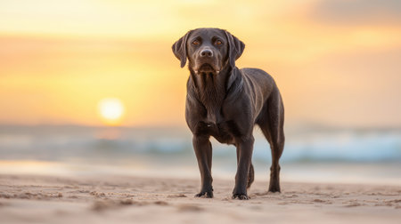 A dog stands on the beach at sunset, gazing directly at the camera, with waves softly crashing in the background.の素材