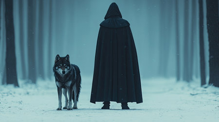 A cloaked figure stands with a wolf in a snowy forest, shrouded in mist, evoking a sense of mystery and the wild.の素材