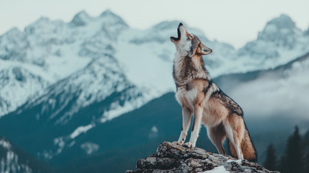 A majestic coyote howls atop a rocky outcrop, set against a backdrop of snow-capped mountains and an expansive sky.の素材