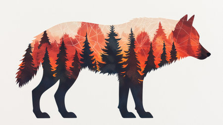A stylized wolf silhouette filled with a vibrant forest scene, featuring orange and red hues, blending nature with wildlife art.の素材