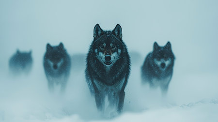 A pack of wolves walks through a snowy landscape, shrouded in mist, showcasing their majestic presence in a wintry environment.の素材