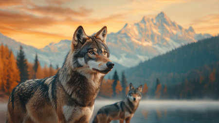 Two wolves stand majestically in a serene landscape, framed by mountains and a colorful sunset, embodying the beauty of nature.の素材