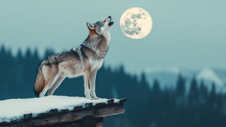 A lone wolf howls at a bright full moon against a snowy landscape, surrounded by distant evergreen trees.の素材