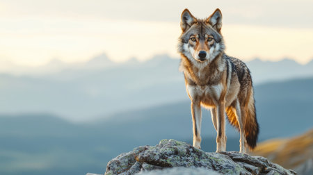A majestic wolf stands on a rocky outcrop, gazing into the distance with a serene landscape of mountains and soft skies behind it.の素材