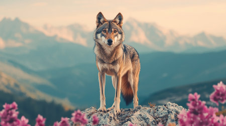 A majestic wolf stands on a rock surrounded by vibrant flowers, with mountains in the background, capturing a serene and wild landscape.の素材