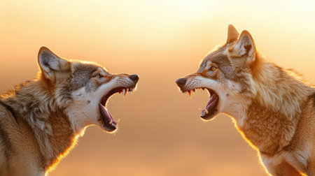 Two wolves face each other, mouths open in a fierce growl, set against a warm, golden sunset background highlighting their intense expressions.の素材