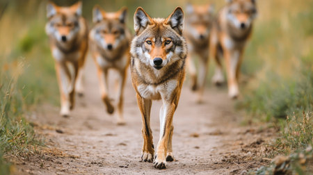 A pack of wolves walks along a path, showcasing their strength and unity in a natural setting.の素材