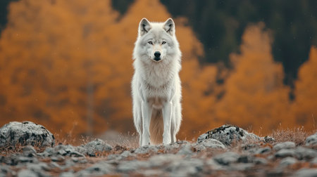 A majestic white wolf stands stoically against a backdrop of vibrant autumn foliage, showcasing nature's beauty and the animal's grace.の素材
