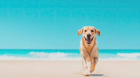 A joyful yellow Labrador retriever runs along a sandy beach with a bright blue sky and ocean waves in the background.の素材