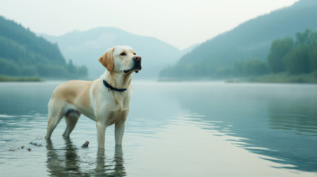 A Labrador retriever stands in shallow water, gazing thoughtfully towards the distant hills, surrounded by a serene, misty landscape.の素材