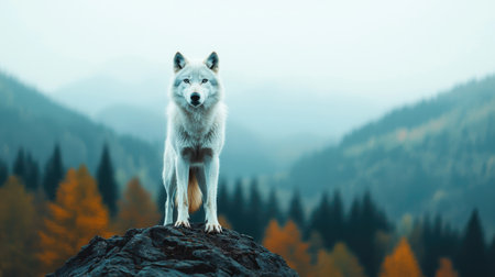 A majestic white wolf stands on a rocky outcrop, surrounded by misty mountains and autumn trees, embodying strength and wilderness.の素材