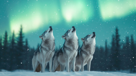 Three wolves howl under a vibrant aurora borealis, surrounded by snow and pine trees, creating a serene and magical winter scene.の素材