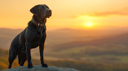 A majestic black dog stands on a rock, gazing at a stunning sunset over rolling hills, embodying loyalty and tranquility in nature.の素材