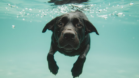 A playful black dog swims underwater, showcasing its joyful nature against a serene, turquoise backdrop.の素材