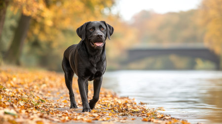 A black Labrador dog walks along a riverbank adorned with autumn leaves, capturing the essence of a serene fall day.の素材