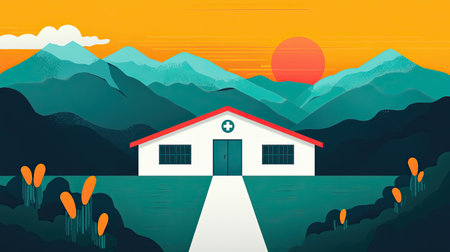 A tranquil scene featuring a medical building set against a backdrop of mountains and a sunset, conveying a sense of peace and healing.の素材
