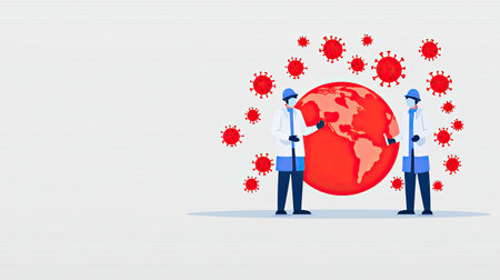 Two scientists stand near a red globe surrounded by virus illustrations, symbolizing global health efforts against pandemics.の素材