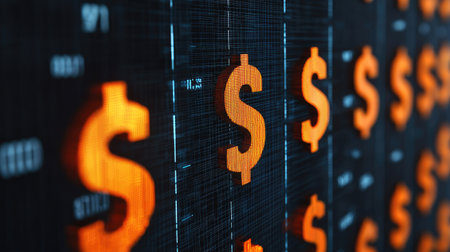 A digital display featuring glowing dollar signs, symbolizing finance, wealth, and economic themes.の素材
